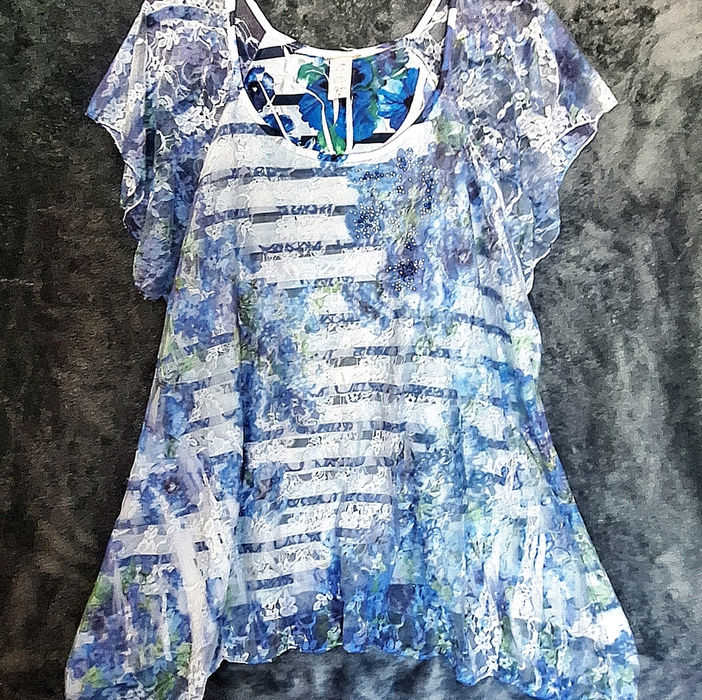 Brittany Black Blue Floral Print Tunic layered shirt 2X